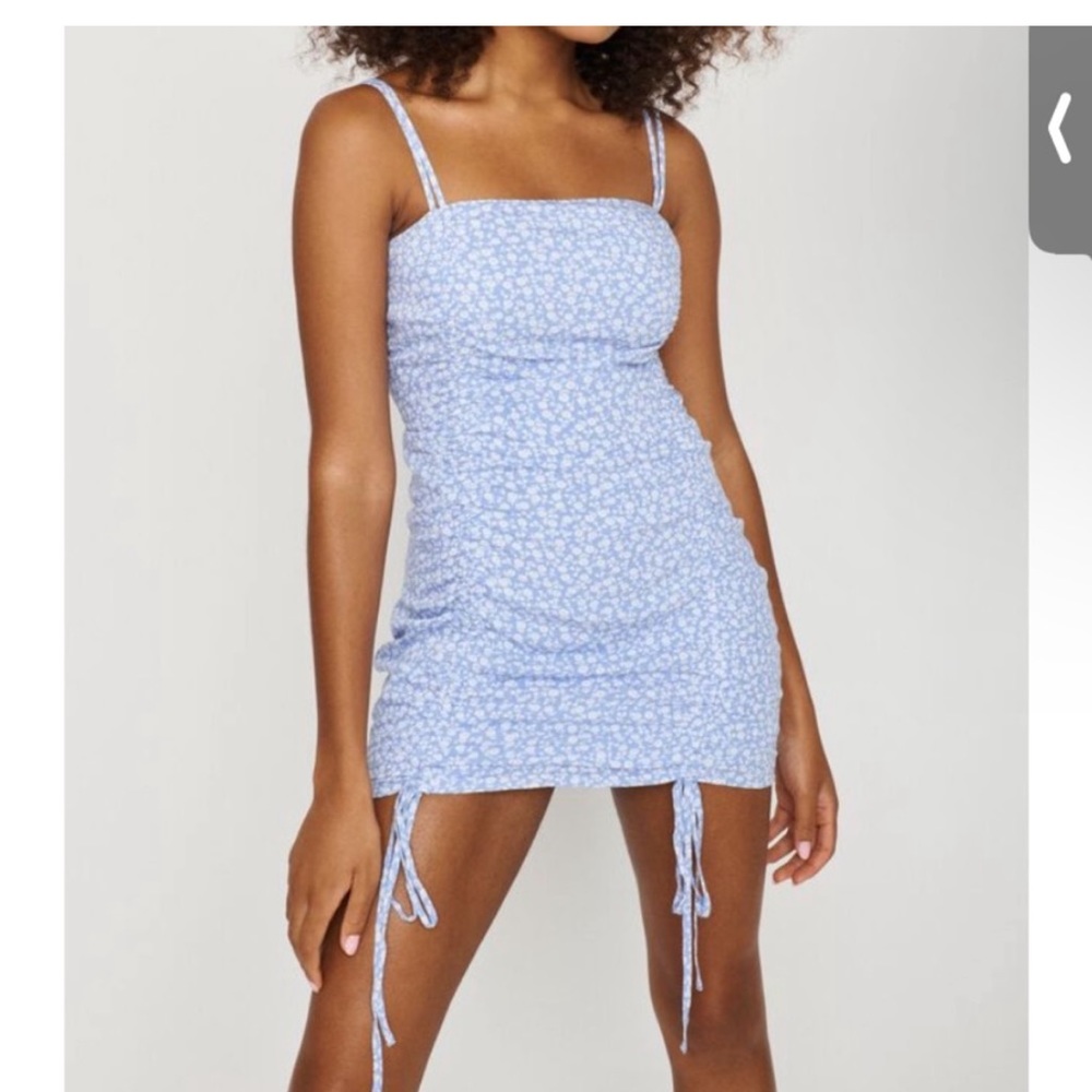 Garage Double Ruched Bodycon Dress Floral Blue Medium Brand New